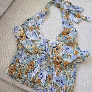 Halter Top Floral Design Baby Blue And Orange Size Small Summer Design